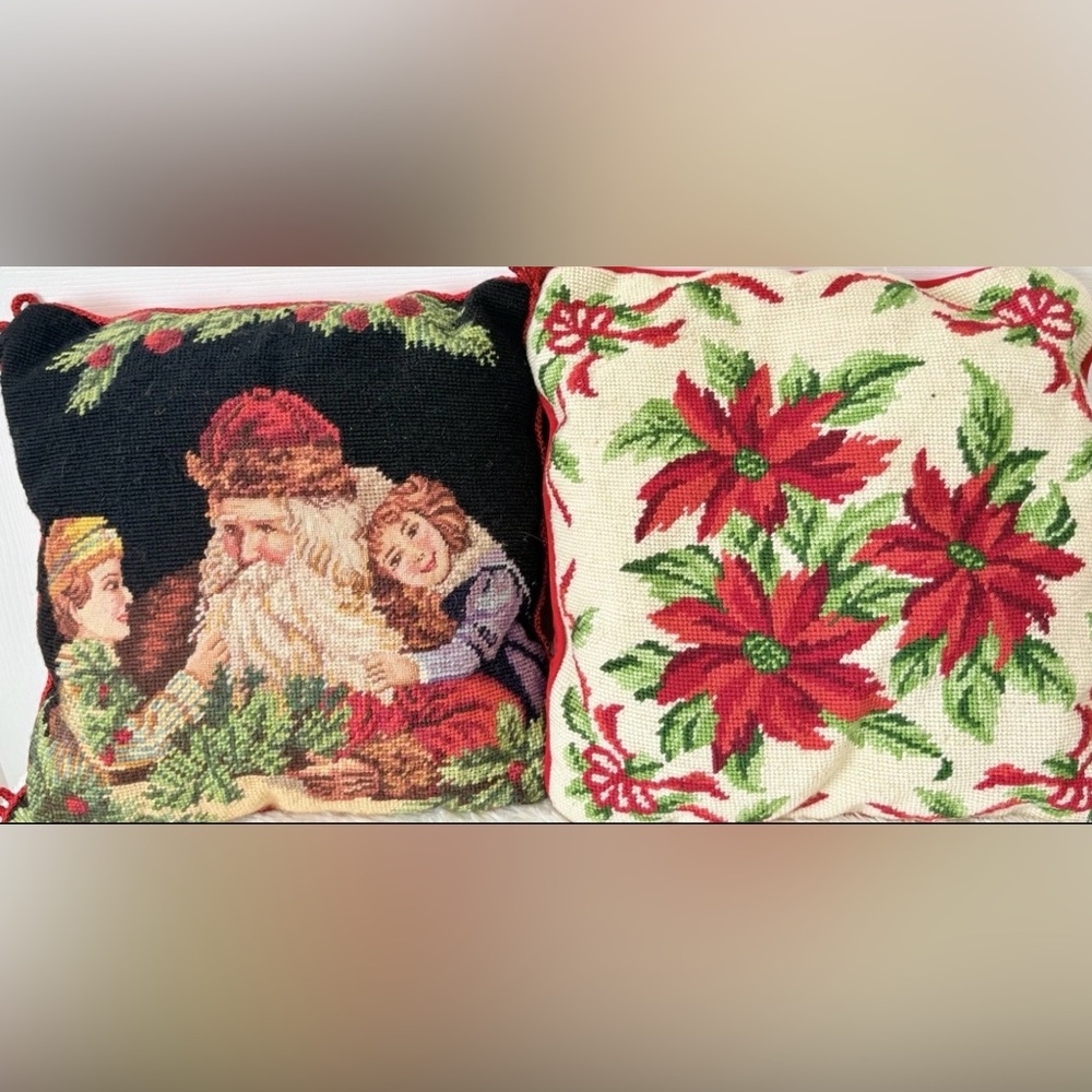 (2)Vintage Victorian Christmas Wool Needlepoint Throw Pillows Red Velvet Back